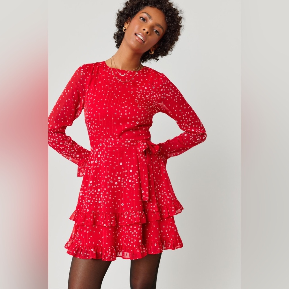 Francesca’s White Floral Long Sleeve Mini Red Dress